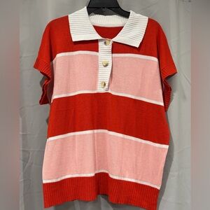 Striped Red and Pink Collared Knit Top